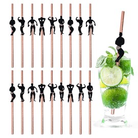 18Pcs Hen Bachelorette Cocktail, Hen Party Naughty Straw Dancing Men Male Stripper Rose Gold Paper Straws for Bachelorette Party Decoration Accessories