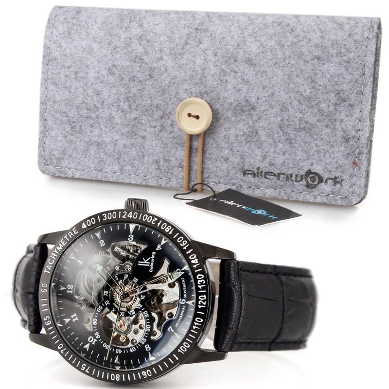 Alienwork IK Automatic Watch Men Women Black Leather Strap Skeleton