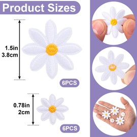 PAGOW 12 PCS Flower Iron on Patches, White Daisy Applique Patch for Clothes, Sew On Embroidered Floral Applique for Bags, Jeans, Shirts (2 Sizes)