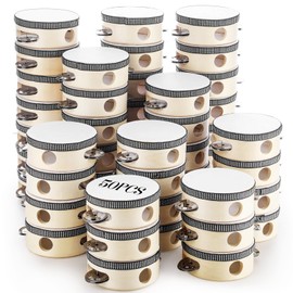 Lukmaa 50 Pcs 4 Inch Wedding Tambourine Bulk Drum for Adults Hand Held Percussion Gift Wood Metal Jingles Musical Educational Drum Instrument for Church Wedding Party Favor