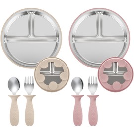Platos para Niños Silicon, 2Pcs Platos de Acero Inoxidable para Bebe con Succióny 2 pares de tenedores y cucharas (Beige, rosa)                       