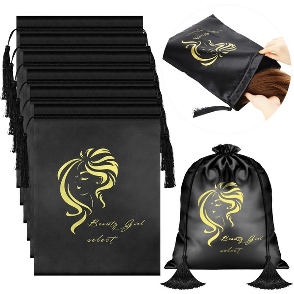 6 bolsas de satén para pelucas, bolsas suaves y sedosas con cordón de embalaje, extensiones de pelo, paquetes de pelucas, bolsas de almacenamiento para el hogar y salón de belleza, color negro