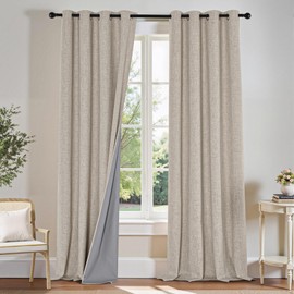 PONY DANCE Linen Blackout Curtains for Bedroom 84 Inches Long, Thermal Insulated Grommet 100% Black Out Window Drapes for Living Room, Sliding Door Curtains 2 Panels Set, 52" W x 84" L, Natural Linen