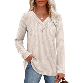 Sweaters for Women Long Sleeve Shirts Basic Fall Fashion for Women Outfits Winter Old Money Clothes Anthropologie Beige M