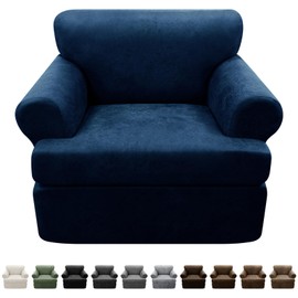 Pfrstuv 2-Pieces T Cushion Armchair Slipcovers Leather Look Couch Cover Chair Covers Stretch Furniture Protector Sofa Cover with 1 Individual T Cushion Seat Cover Slipcover Sets Washable, Navy