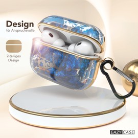 EAZY CASE - Protective Case for AirPods Pro 2 Case Blue Hard Case Shockproof with Carabiner Suitable as Keychain Anti-scratch Case Non-Slip Hard Case for Airpod Pro 2nd Generation Dark Blue Marble