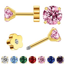 WGXIA Pink Crystal Flat Back Stud Earrings for Women Natural Raw Stone Sensitive Ear Sparkly Earrings Studs Handmade Inoxidable Screwback Earrings