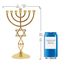 BRTAGG Portavelas Menorah con 7 ramas, 8.3 pulgadas de altura, diseño de estrella de David, decoración del hogar judío chapado en oro (modelo 3829)