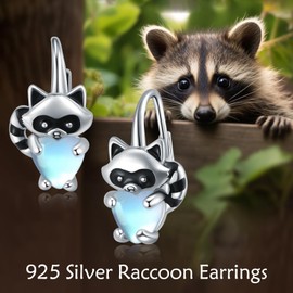 Vadmans Raccoon Earrings Sterling Silver Moonstone Earrings Raccoon Leverback Earrings Animal Jewelry Mothers Day Birthday Gifts for Women Girls Girlfriend(Raccoon Earrings)