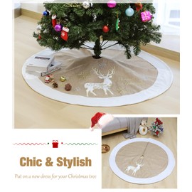 Lewondr Christmas Tree Skirt 48 Inch Burlap Embroidery Reindeer Tree Skirt Snowy Mat Decorations Indoors for Holiday Party Celebration, Khaki & White