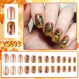 Fall Press on Nails Medium Square Glitter Fake Nails Autumn Maple Leaf Acrylic Nails Gel Glue on Nail Thanksgiving False Nails Reusable Glossy Full Cover Stick on Fingernails for Women 24Pcs