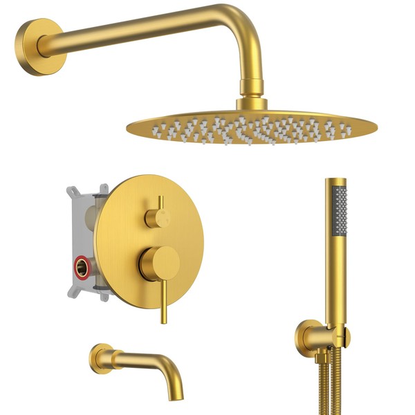 Shower System with Tub Spout: EVERSTEIN Shower Faucet Set Complete, 3-Function Wall Mount 10 Inch High Pressure Round Rain Shower Head with Handheld Sprayer, Tub and Shower Faucet Combo (Brushed Gold)