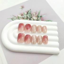 Fall Press on Nails Short False Nails Square with Silver Glitter Lines Designs Glossy Glue on Nails Brown Gradient Nude Fake Nails Autumn Acrylic Stick on Nails for Women 24Pcs