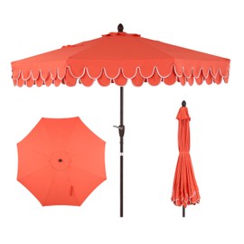 JONATHAN Y UMB1002A Tracy 9 ft. Classic MidCentury Scalloped Fringe Market Patio Umbrella with Auto-Tilt, Crank, Wind Vent and UV Protection in Coral Red/White