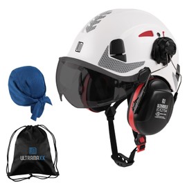 UM ULTRAMAXX Safety Helmet Hard Hat with Visor and Ear Protection, ANSI Z89.1 Approved Lightweight Vented Work Helmet Kits, 6-Point Suspension Hardhat Ideal for Industrial and Construction,White
