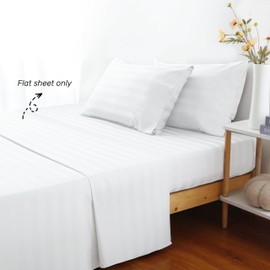 Flat Sheet Only Twin Size, 400 TC 100% Egyptian Cotton Flat Sheet Striped Satin-White Cotton Top Sheet- Wrinkle, Fade, Stain Resistant (Striped-White, Twin)