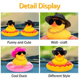 wonuu Car Rubber Duck, Yellow Duck Decoration Dashboard with Sun Hat Swim Ring Necklace Sunglasses for Car Dashboard Decorations (Black Top Hat-Red Donut)