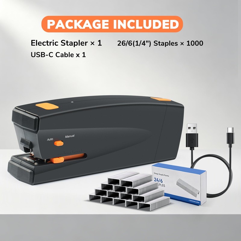 Rechargeable Electric Stapler, 25 Sheet Capacity, Quiet Operation, Jam-Free and