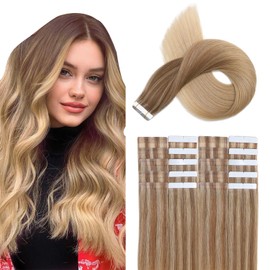 XDhair 50g 14 Inch 20pcs Tape in Hair Extensions Golden Brown Mixed Blonde with Light Blonde Tape in Extensions Human Hair for Women (#10/16/16,14Inch)