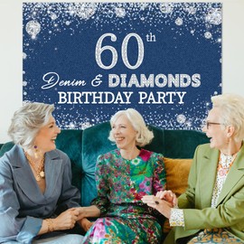 Denim and Diamonds 60th Birthday Backdrop Banner Denim and Diamonds Birthday Party Decoration Crystal Girls 60th Happy Birthday Party Decorations Banner for Women 60th Birthday Jewels Party Supplies