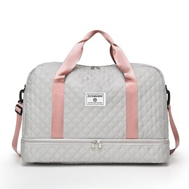 Lightweight Large Capacity Duffle Bag, Stylish Argyle Design, Perfect Carry On Luggage with Separate Shoe Compartment for Travelers - Color: Gray+Pink