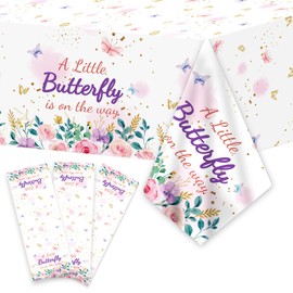 OBUSATT 3Pcs Butterfly Baby Shower Party Tablecloth Supplies A Little Butterfly is On The Way Baby Girl Party Disposable Plastic Table Cover Pink Floral Princess Girl Party Decoration for Baby Shower