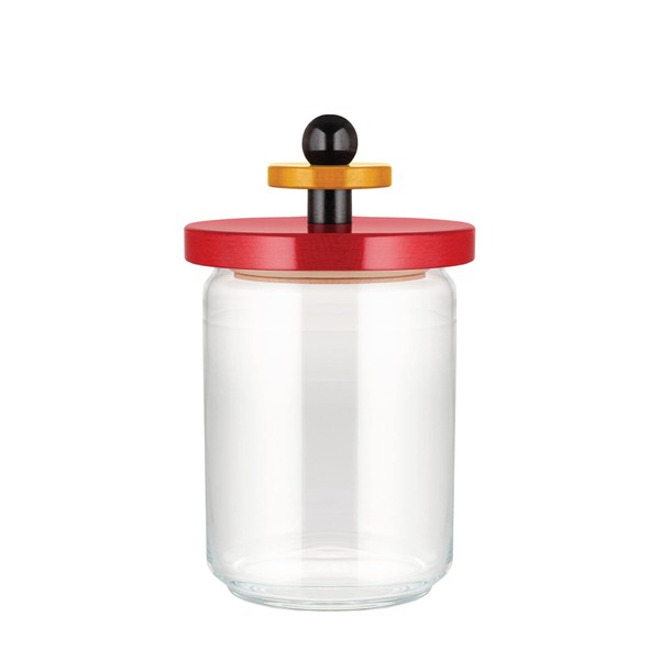 Alessi Mr. Sottsass I Suppose ES16 / 100 - Design Hermetic Glass Jar with Beech Wood Lid, Red, Black and Yellow