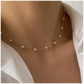 YienDoo Boho Pearl Choker Necklace Vintage Gold Tiny Pearl Satellite Chain Choker Artificial Pearl Beaded Necklace Baroque Statement Pearl Strand Necklace Jewelry for Women and Girls