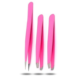 Precise Canada 3 Premium Stainless Steel Eyebrow Tweezers with Pouch, Tweezers Set with Slant, Straight and Pointed Tips - Precision Calibrated - Best for Eyebrow, Ingrown Hair and Splinters (Pink)