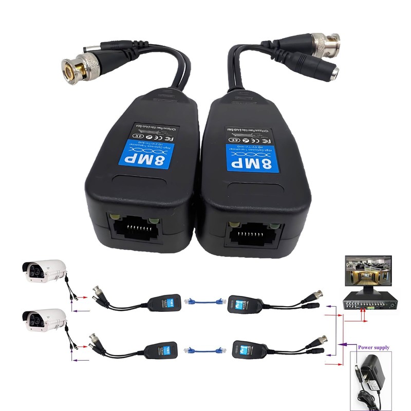 NVRTTRR HD-CVI/TVI/AHD Video Balun with Power Connector, RJ45 CAT5 Data