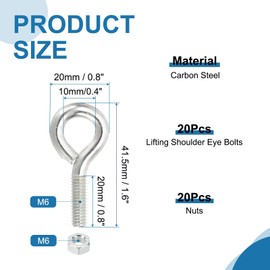 PATIKIL M6x20mm Eye Bolts with Nuts, 20 Pcs Shoulder Swing Lifting Eye Bolt Carbon Steel Threaded Screw Eyebolt for Cables Wires Hanging Lights