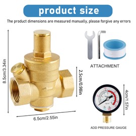 WIYETY Pressure Regulator Water 3/4 Inch DN20, Water Pressure Regulator with Pressure Gauge, Pressure Reducing Valve with Adjustment Tools, Brass Water Pressure Regulator, Adjustable Pressure