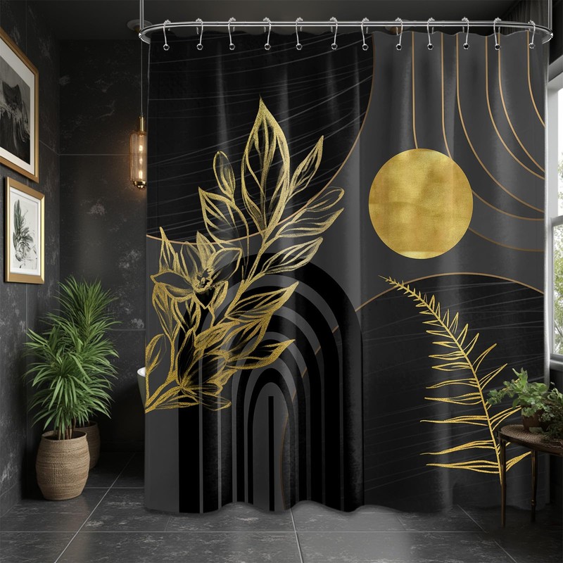 QGHOT Black and Gold Shower Curtain Boho Mid Century Black