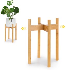 Fox & Fern Adjustable Tall Plant Stand Indoor — 8 to 12 Inch Premium Mid Century Bamboo Plant Stand with Adjustable Width; Plug In Design; Easy to Assemble; Two Heights - For 8, 9, 10, 11 & 12 In Pots