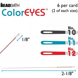 The Beadsmith ColorEYES Beading Needles, 6pc Assortment, 2 ea - Size 10,11 & 12