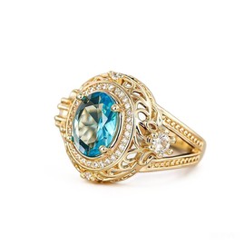 hsiyyecg Vintage Court Style Mystic Yellow Gold Plated Oval Cut Created Blue Topaz Rings CZ Cubic Zirconia Filled,Wedding Promise Anniversary Rings for Her(9)