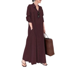 ZANZEA Women Cotton Lapel Casual Loose Long Shirt Dresses Button Down Pocket Blouse Maxi Dresses Claret-F85144 XX-Large
