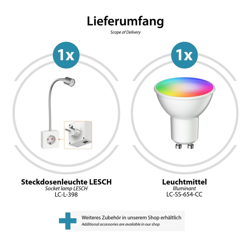 ledscom.de LESCH Reading Lamp Socket Lamp Chrome / White with