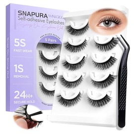 Self Adhesive Eyelashes Natural Look,Pre Glued No Glue Needed Reusable Press On Lashes False Eyelashes Wispy with Tweezer of Replacement Adhesive Stri