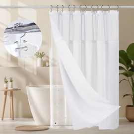 3-in-1 Shower Curtain Set, 72" x 72" Waffle Texture Shower Curtain with Mesh Top Window, 12 Double-Sided Stainless Steel Anti-Slip Hooks & Waterproof PEVA Liner, All Pieces Sized to Fit (White)