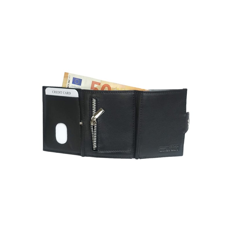 Slim Wallet Deluxe, Black cowhide leather with zip pocket, S,