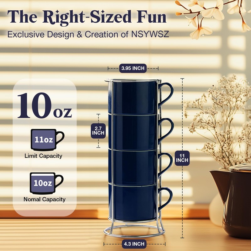 NWYSZ 10 Ounce Blue Porcelain Stackable Cappuccino Cups with Stainless