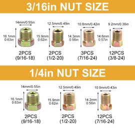 Brake Line Fitting Kit, 35pcs Brake Line Nuts Assortment for 3/16" (19 Fittings) and 1/4" (16 Fittings) for Inverted Flares Brake Line Tube(size:35pcs)