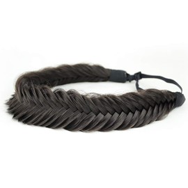 BOBIYA Wide Fishtail Headband for Women Synthetic Hair Plaited Braids Elastic Stretch Fishtail Headband (Deep Brown)