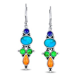 Western Jewelry Southwest Native American Style Multicolor Gemstone Blue Lapis Turquoise Orange Coral Lever Back Dangle Earrings For Women .925 Sterling Silver