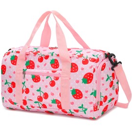 Duffle Bag for Girls Kids Overnight Bags Cute Strawberry Cherry Dance Sports Bag Travel Tote with Shoe Compartment and Wet Pocket