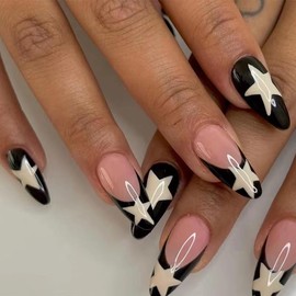 Almond Press on Nails French Black Fake Nails Stiletto Star False Nails with Designs Press on Nails Glossy Glue on Nails Artificial Acrylic Nails for Women Girls 24 Pcs