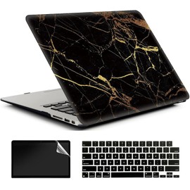 AMCJJ Compatible with MacBook Air 13 Inch Case 2022 2021 2020 Release A2337 M1/A2179 with Retina & Touch ID, Plastic Hard Shell Case & Keyboard Cover & Screen Protector - Black Gold Marble