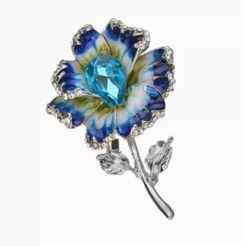 unbrandedd Blue Enamel Flower Brooch with Teardrop & Crystals Silver Tone