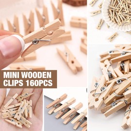 Pack of 160 Small Clips for Hanging Photos, 2.5 cm Mini Clips with 1 m Jute Wire, Solid Wood Pegs, Small with 10 Mounting Nails for Photo Stands, Crafts, Place Card Holders